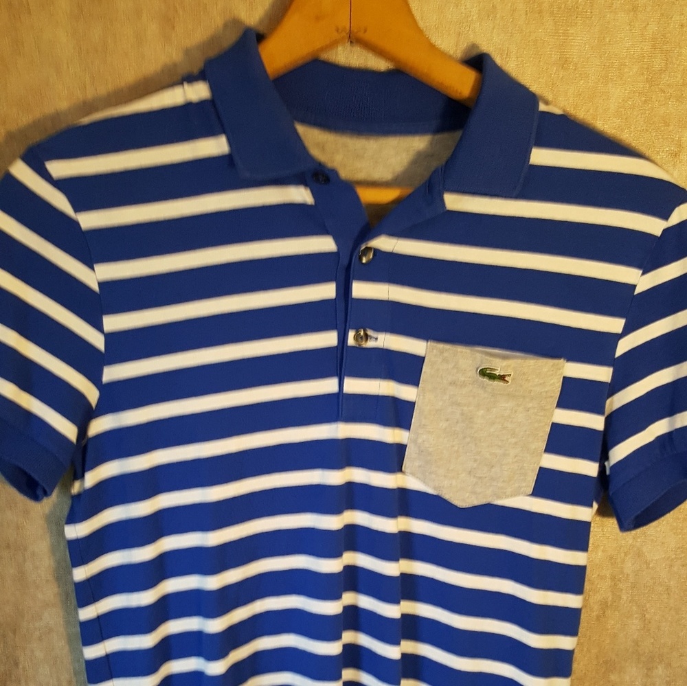 Lacoste blue and white horizontal striped polo